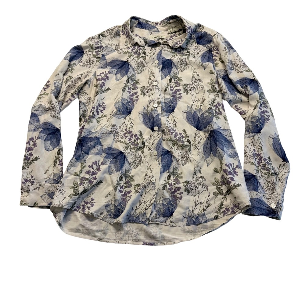 Orvis Silk Shirt Womens Small Blue Purple Floral Botanical Button Down Top